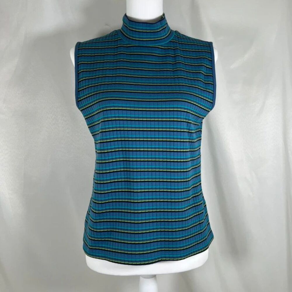 Vintage Mountain Lake Casuals Ribbed Striped Mock Neck Sleeveless Top Large Y2K